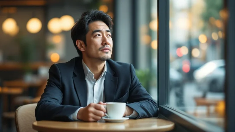 カフェの窓際でコーヒーカップを持ち物思いにふける40代日本人男性