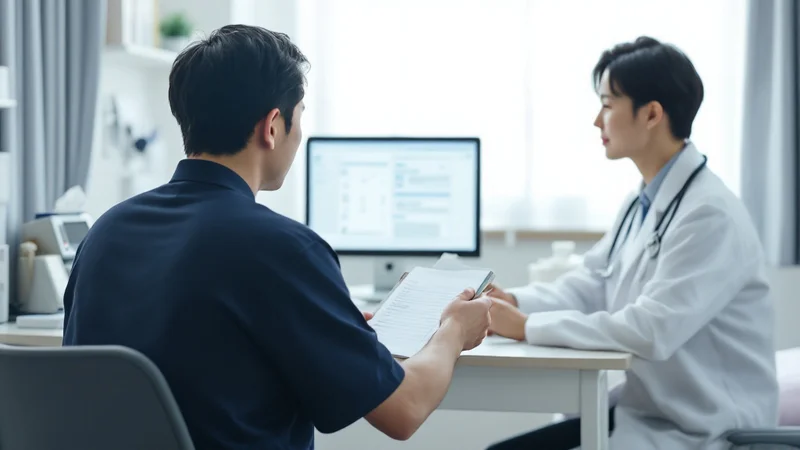 診察室で医師と向かい合い、こめかみの痛みの記録を見せながら相談する40代男性を後ろから写した様子