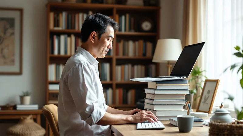 自宅の書斎で、ノートパソコンを本の上に重ねて目線の高さまで上げ、別のキーボードで作業している40代男性