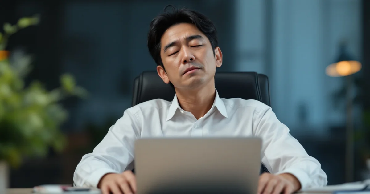 夕方のオフィスで椅子にもたれ、目を閉じて疲れをにじませる40代後半の男性