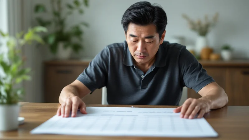 テーブルに広げたカレンダーを見下ろし、日数を数える40代後半の男性