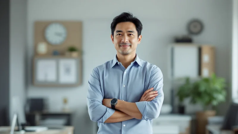 オフィスのデスクの横に立ち、腕を組んで短い休憩をとる40代の男性