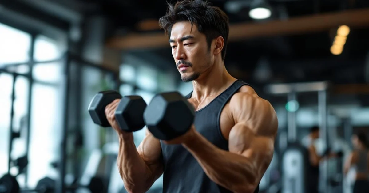 40代日本人男性がジムでダンベルトレーニングをしている活力あるシーン
