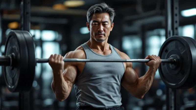 40代日本人男性がジムでバーベルトレーニングをしている活力あるフォトリアリスティックな写真