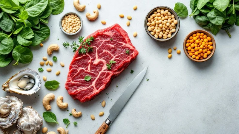 亜鉛を含む牡蠣・赤肉・ナッツ・かぼちゃの種などが木製テーブルに並んだフラットレイ写真