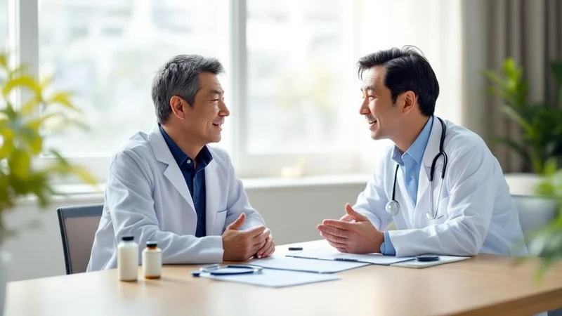 明るい診察室で、デスク越しに40代後半の日本人男性患者にサプリと薬の併用について丁寧に説明する50代の日本人男性医師
