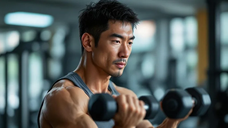 明るいジムでダンベルカールをしている40代日本人男性。落ち着いた表情で両手にダンベルを持ち、背後にトレーニングマシンが並ぶ