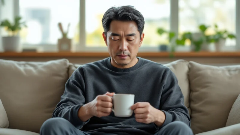 自宅のソファでマグカップを両手で持ち、喉の違和感について考え込む40代後半の男性
