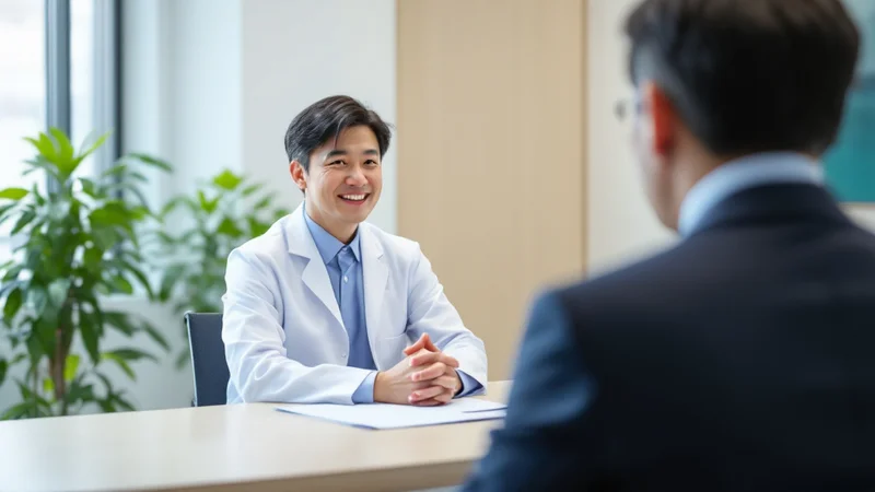 耳鼻咽喉科の診察室で、白衣の医師が机越しに患者へ穏やかに説明している場面
