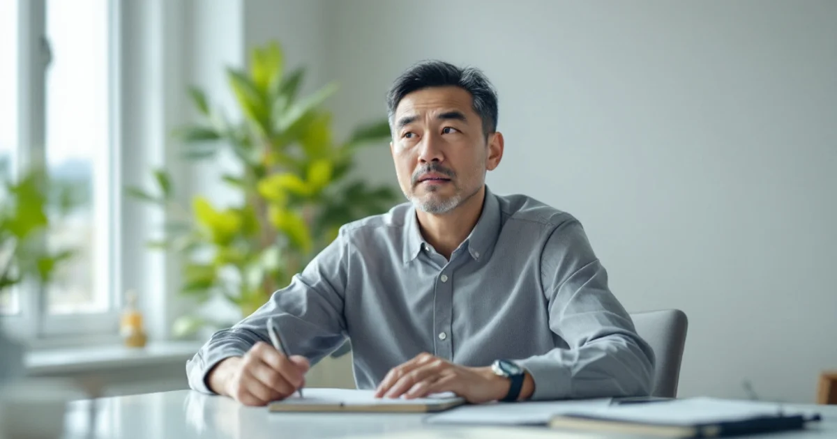明るい部屋の机に向かい、かすかな音に気づいたような表情で少し横を向いている40代の日本人男性の写真