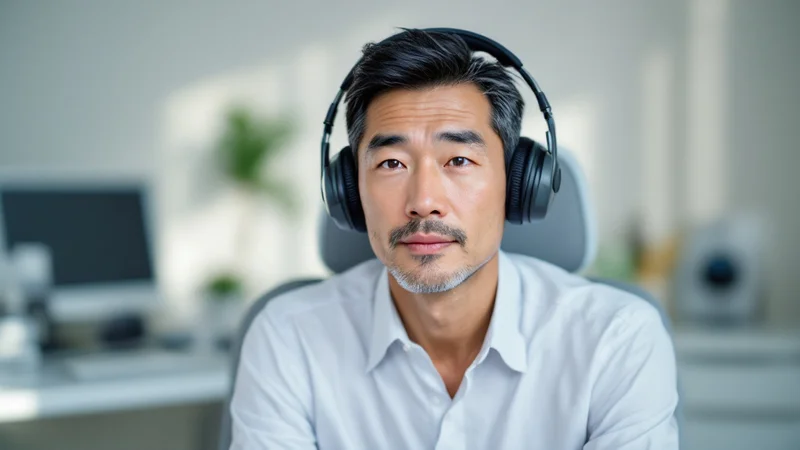 明るい診察室でヘッドホンを装着し、聴力検査を受けている40代の日本人男性の写真