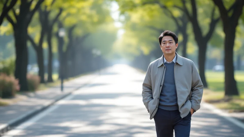 明るい朝の並木道を、落ち着いた表情でゆっくり歩いている40代の日本人男性の写真