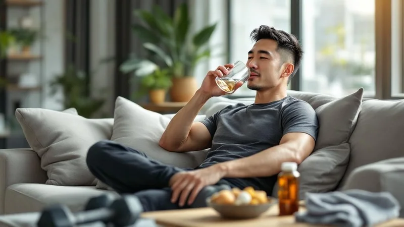 ワークアウト後のリビングのソファで水を飲んで一息ついている40代後半の日本人男性、傍らの低いテーブルに小さな琥珀色のサプリ瓶と健康的なナッツとゆで卵の軽食、手前にダンベルが置かれた明るい自然光のシーン