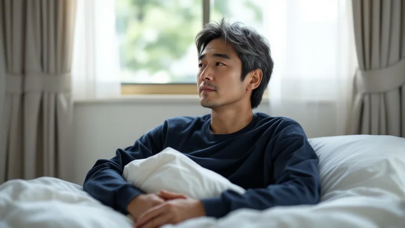 朝、寝室のベッドで上体を起こし、窓からの光のほうを見ている40代後半の男性