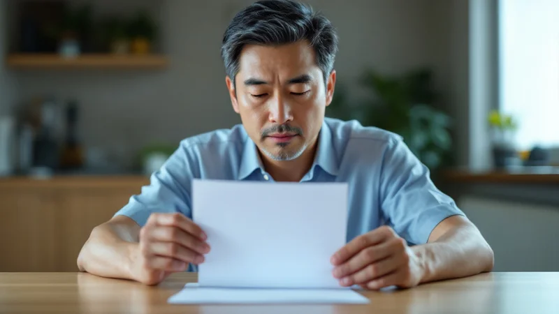 ダイニングテーブルで健康診断の結果用紙を両手で持ち、数値を確認している40代後半の男性