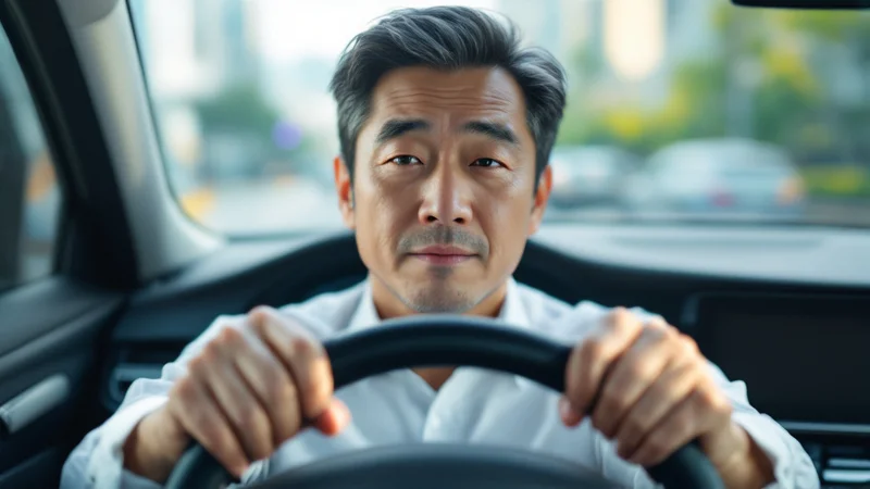 運転席でハンドルを両手で握っている40代後半の男性