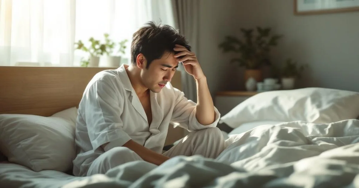 朝、ベッドから起き上がろうとして額に手を当て疲れた表情の40代日本人男性