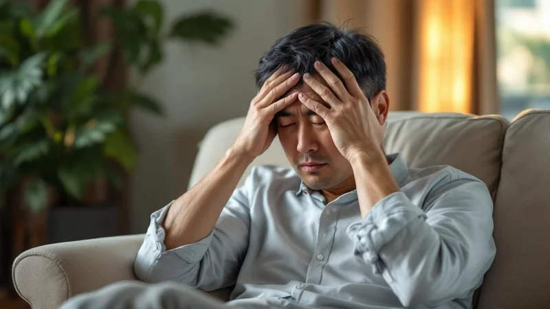リビングのソファで頭を抱え疲労感を表現する50代日本人男性