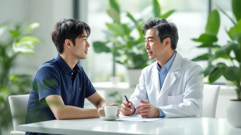クリニックで医師に相談する40代日本人男性。睡眠と疲労について話している場面