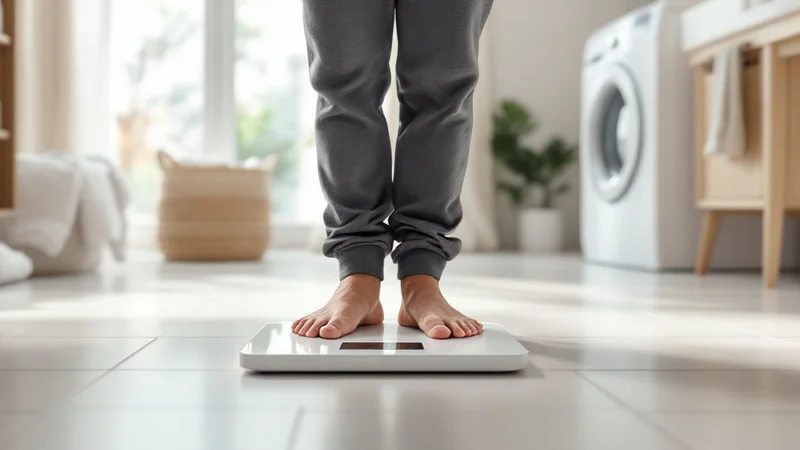 自宅の洗面所で体重計に乗っている40代男性の足元