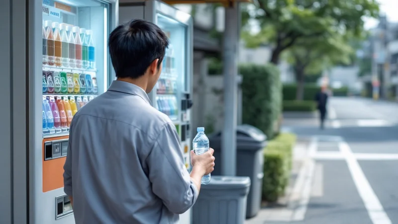 街角の自動販売機の前で、水のペットボトルを手に取っている40代男性の後ろ姿
