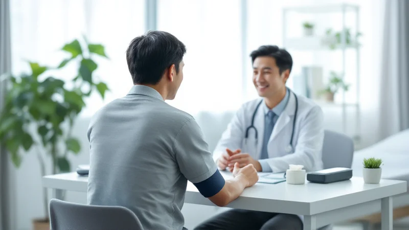 明るい診察室で、医師と向かい合って健診の尿酸値について説明を受けている40代男性の後ろ姿