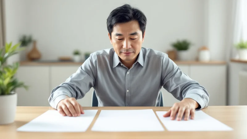 3年分の健診結果票をテーブルに並べて見比べている40代の日本人男性