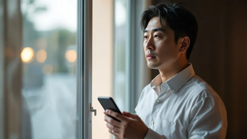 窓辺でスマートフォンを手にしながら、受診するかどうか考えている40代の日本人男性