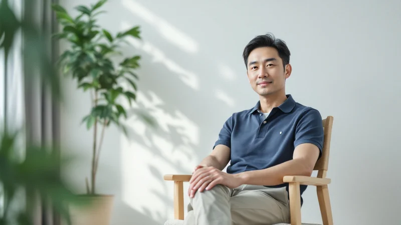 クリニックの待合室の椅子に落ち着いて座り、診察を待っている40代の日本人男性