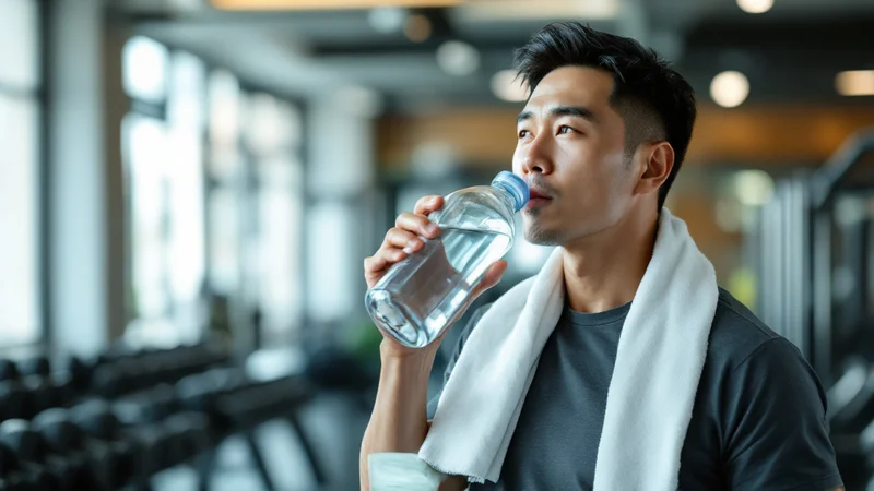 ジムでトレーニングを終えた40代の日本人男性がタオルを首にかけて水分を補給している様子