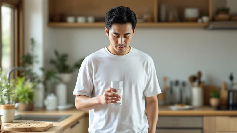 朝のキッチンでコップ1杯の水を手に持ち、水分補給をしている40代の日本人男性