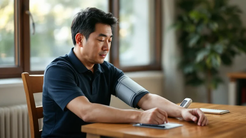自宅のテーブルで上腕式血圧計を使って血圧を測定している40代の日本人男性