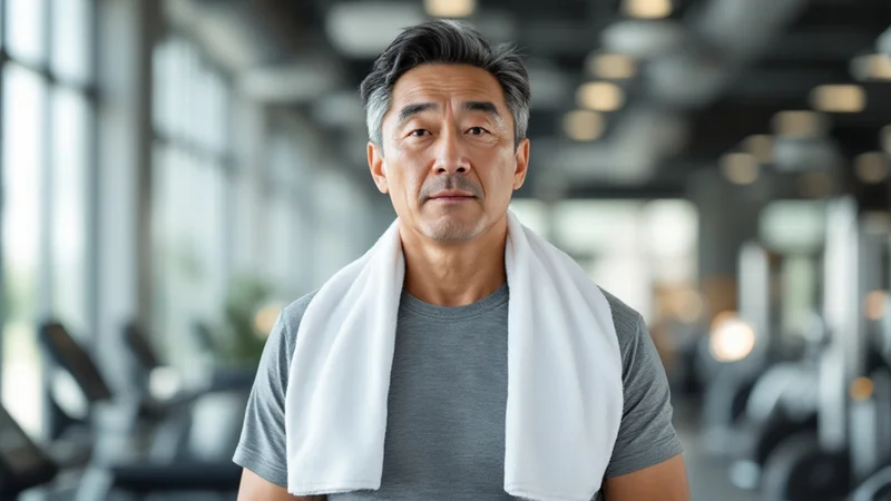 ジムでのランニングを終え、首にタオルをかけて立っている50代の男性