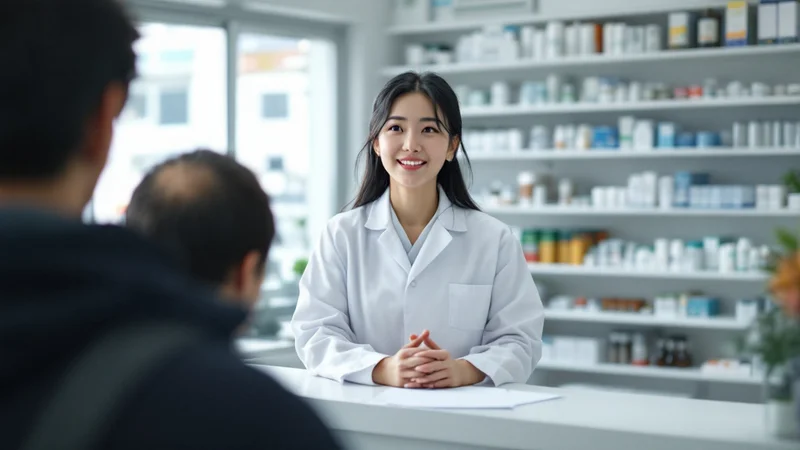 調剤薬局のカウンターで、薬剤師が来局者へ薬の説明をしている場面