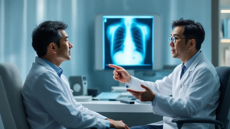 医療機関で胸部レントゲン画像を見ながら深刻な表情で説明を聞く40代日本人男性と白衣の医師の写真