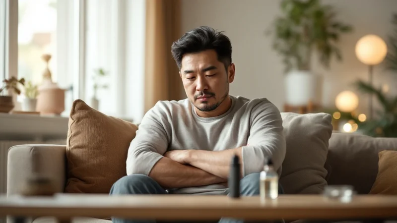 リビングでベイプデバイスとリキッドボトルをテーブルに置き、腕を組んで思案する40代日本人男性の写真
