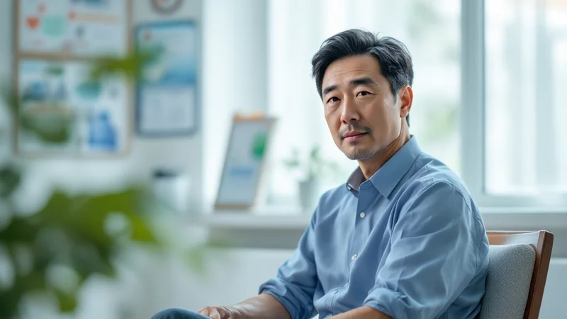 明るい診察室で医師の説明を真剣な表情で聞く40代日本人男性の写真