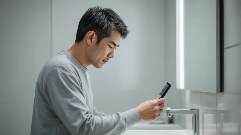 明るい洗面台の前で黒いコームを手に持ち、思案顔で自分の髪の状態を確かめようとしている40代の日本人男性