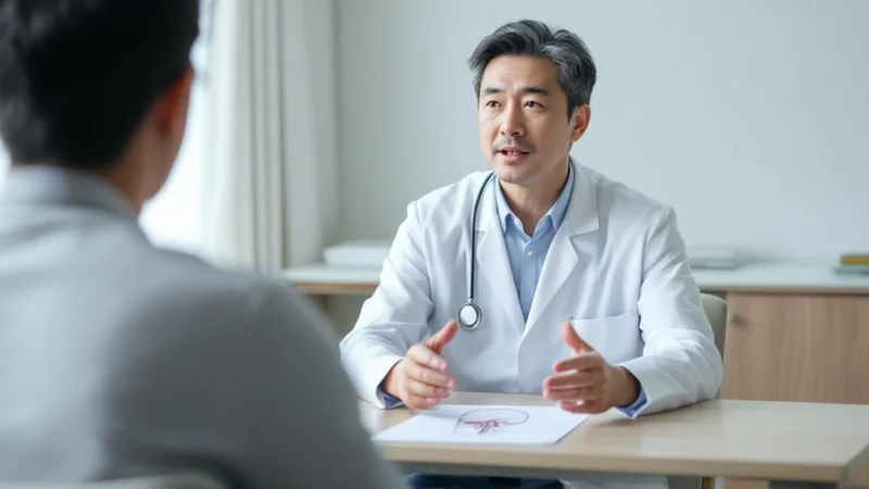 明るい診察室で、白衣の医師が机に資料を広げながら手ぶりを交えて患者に説明している場面。手前には受診している男性の後ろ姿が写っている