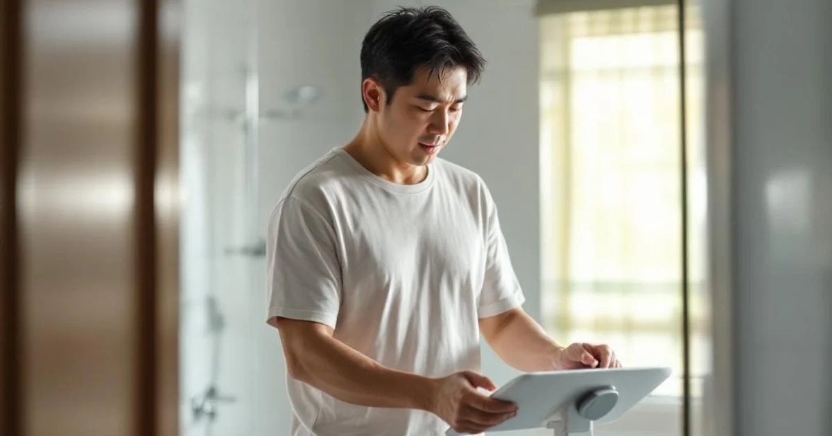 体重計に乗りながらウエストを気にする40代日本人男性