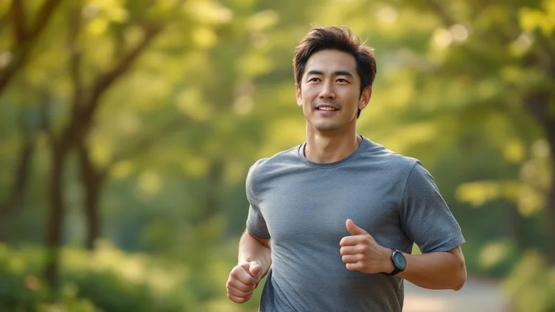 朝の公園をジョギングする40代日本人男性