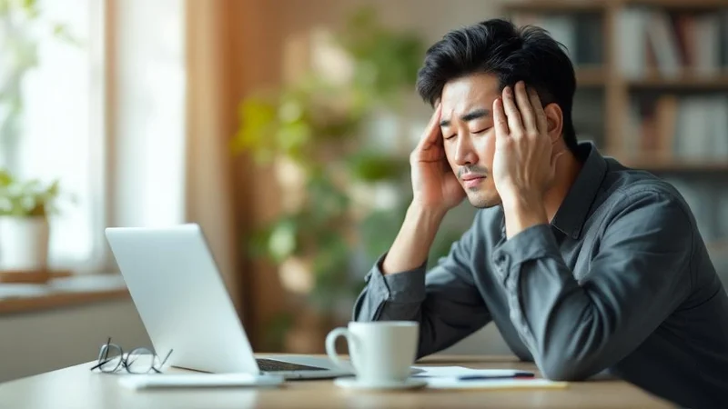 40代後半の日本人男性がノートパソコンの前でこめかみを両手で押さえ、疲労感のある表情で目を閉じている自宅オフィスのシーン
