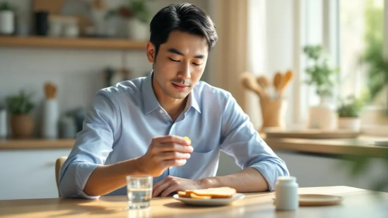 40代後半の日本人男性が朝の明るいキッチンテーブルで小さな黄色いタブレットを指でつまみ、グラスの水とサプリボトルを手元に置いて見つめているシーン