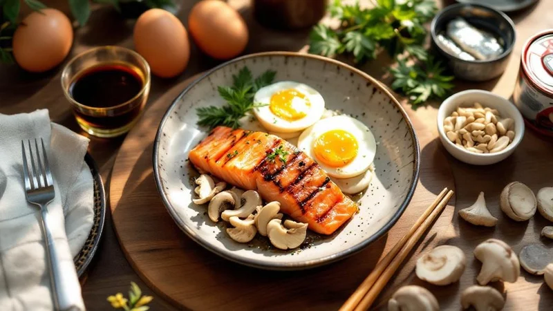グリルしたサーモン・目玉焼き・きのこが一皿に盛られた食事。周囲に卵やサプリの缶が並ぶビタミンD豊富な食材の食卓