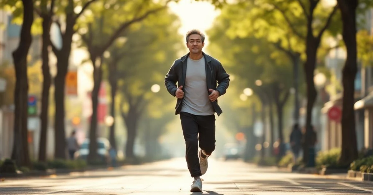 早朝の街を一定のペースで颯爽とウォーキングする40代の日本人男性
