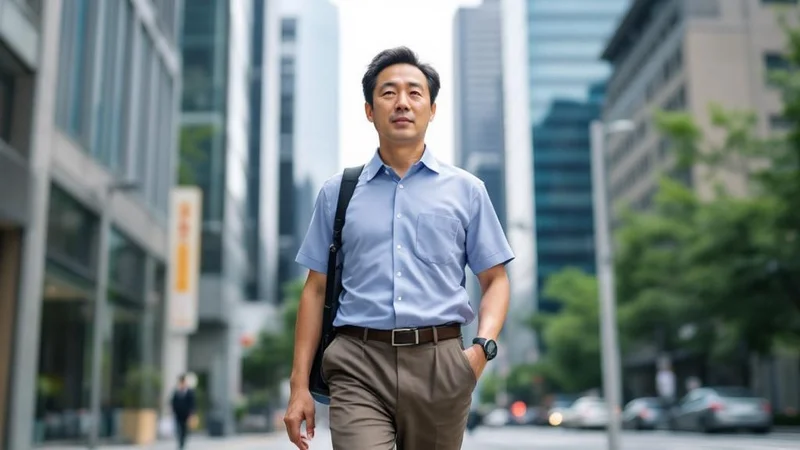ランチ後のオフィス街でビジネスカジュアルの服装でウォーキングする40代の日本人男性