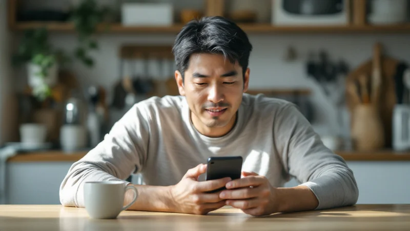 朝の食卓でスマートフォンを手に、その日の予報を確認している40代の男性