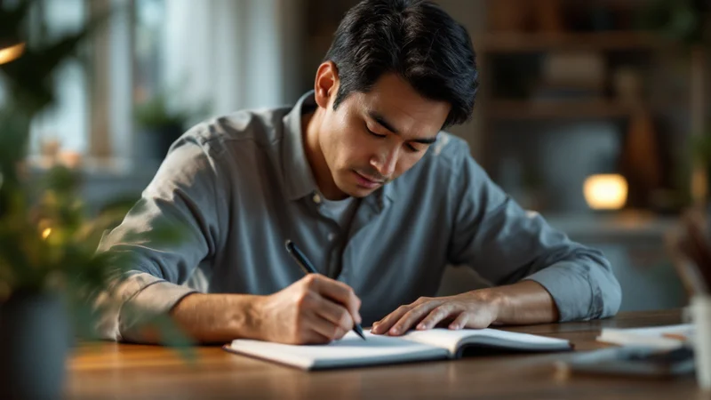 自宅のデスクでノートに頭痛の記録を書き留めている40代の男性