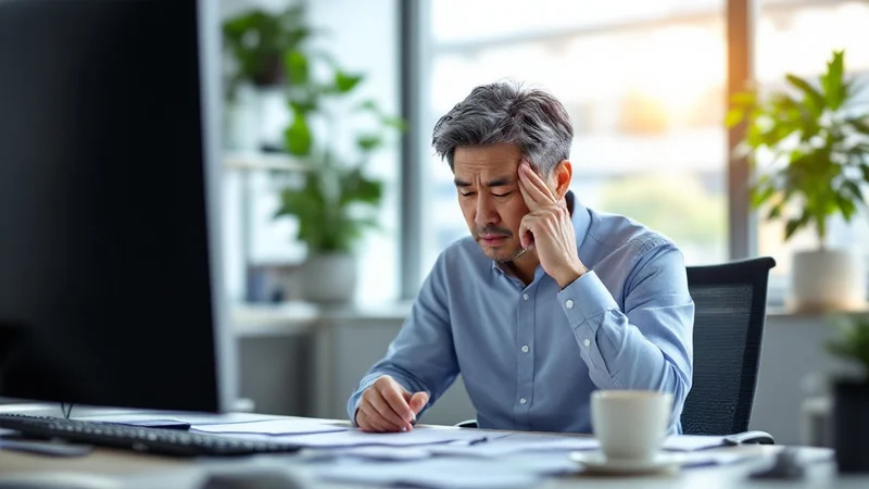 オフィスでパソコンに向かいながら疲れた表情でこめかみを押さえる40代の日本人男性