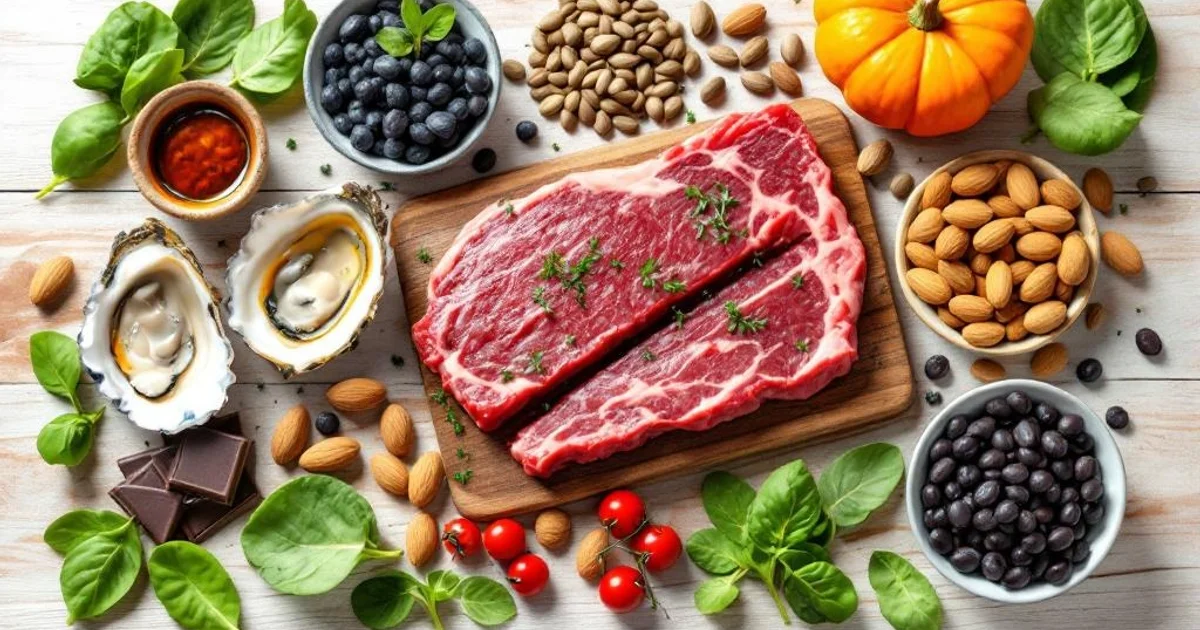 牡蠣・ほうれん草・アーモンド・かぼちゃの種など亜鉛・マグネシウムを豊富に含む食材のフラットレイ写真